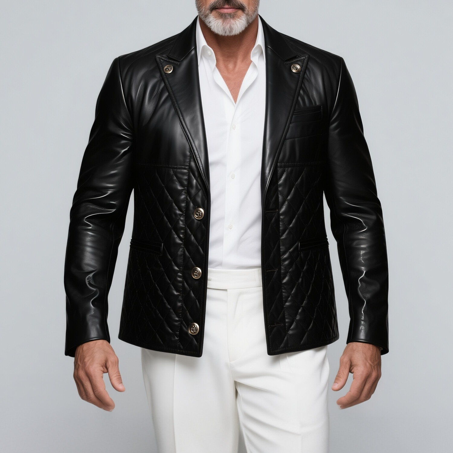 Men's PU Leather Peaked Lapel Long Sleeve Single Breasted Quilted Blazer