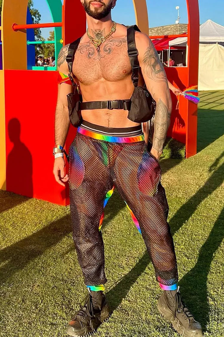 Men's Ombre Rainbow Trim Mesh See Through Pride Pants [Pre-Order]