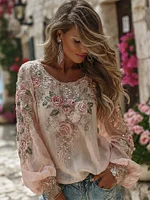 Women's Vintage Rose Embroidered Art Round Neck Blouse