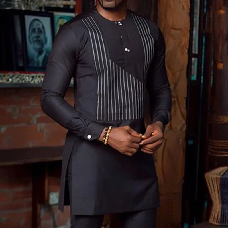 Men's Ethnic Style Causal Long Sleeve Stripe Shirt