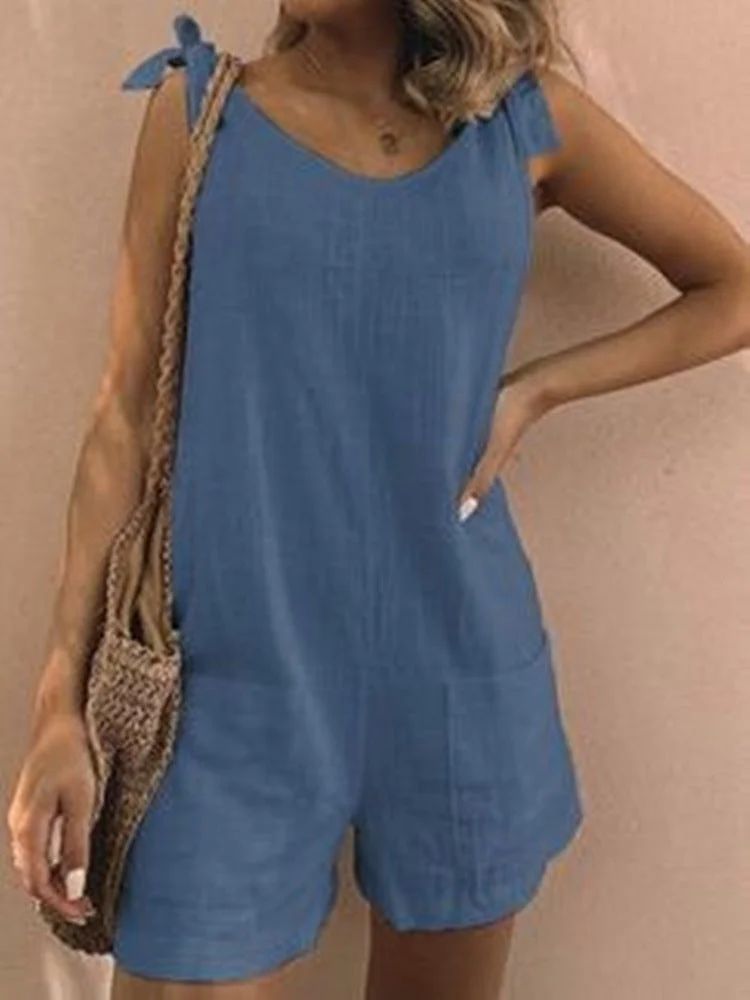 Women's Solid Color Cotton And Linen Patch Pocket Fashion Jumpsuit