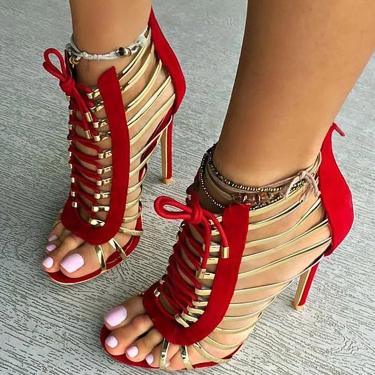 Red and Gold Gladiator Sandals Open Toe Lace up Heels |FSJ Shoes