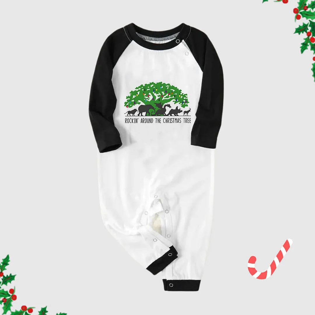 Family Christmas Shirts Christmas Tree Animal Kingdom Animal Kingdom Patterned and 'ROCKIN AROUND THE CHRISTMAS TREE' Letter Print Casual Long Sleeve Sweatshirts Black Contrast Top and Black and Gren Plaid Pants Family Matching Pajamas Sets