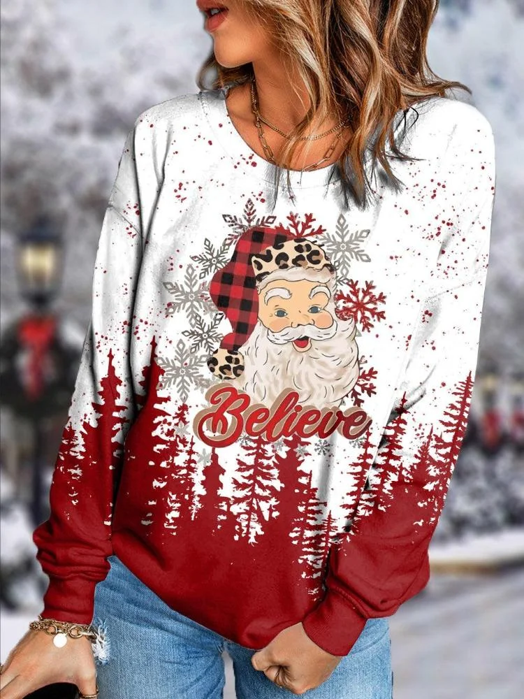 Women's Santa Claus Letter Printed Long Sleeve Round Neck Sweatershirt