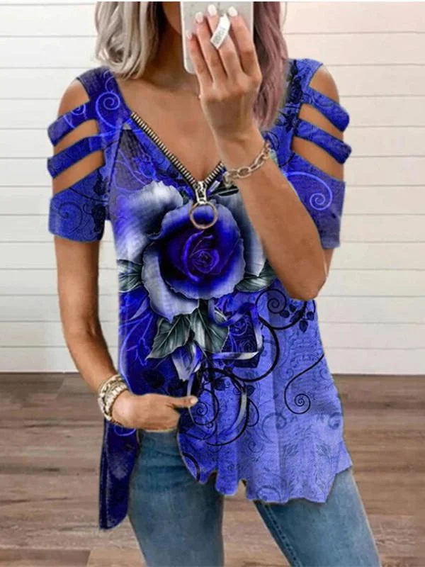 Women Short Sleeve V-neck Printed Hollow Loose Top