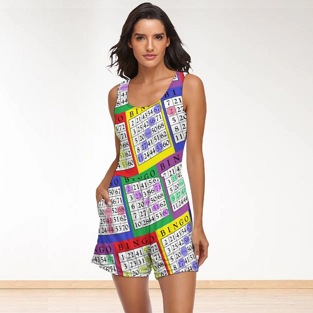 Winning Bingo Cards Womens Womens Summer Romper Casual Funny Sleeveless Short Jumpsuits with Pockets