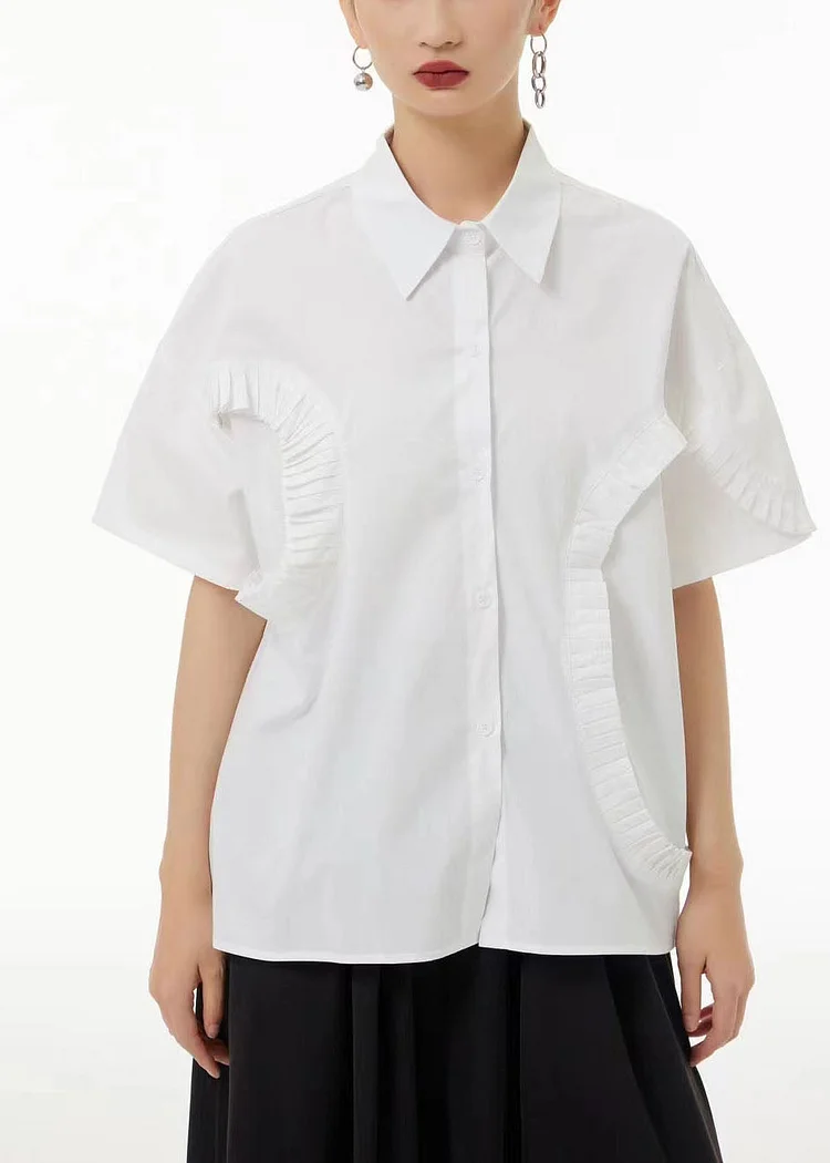 5.1Style White Peter Pan Collar Wrinkled Cotton Shirt Top Summer