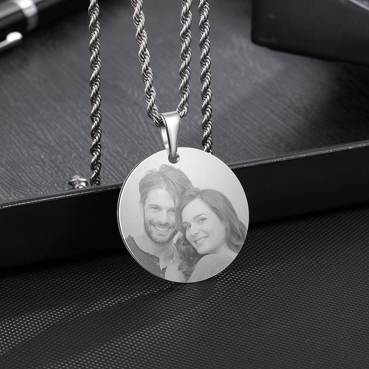 Personalized Picture Engraved Necklace Round Design Pendant, Custom Necklace with Picture and Text