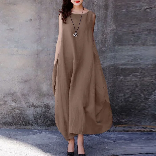 Cotton Linen Loose Crew Neck Pocket Dress
