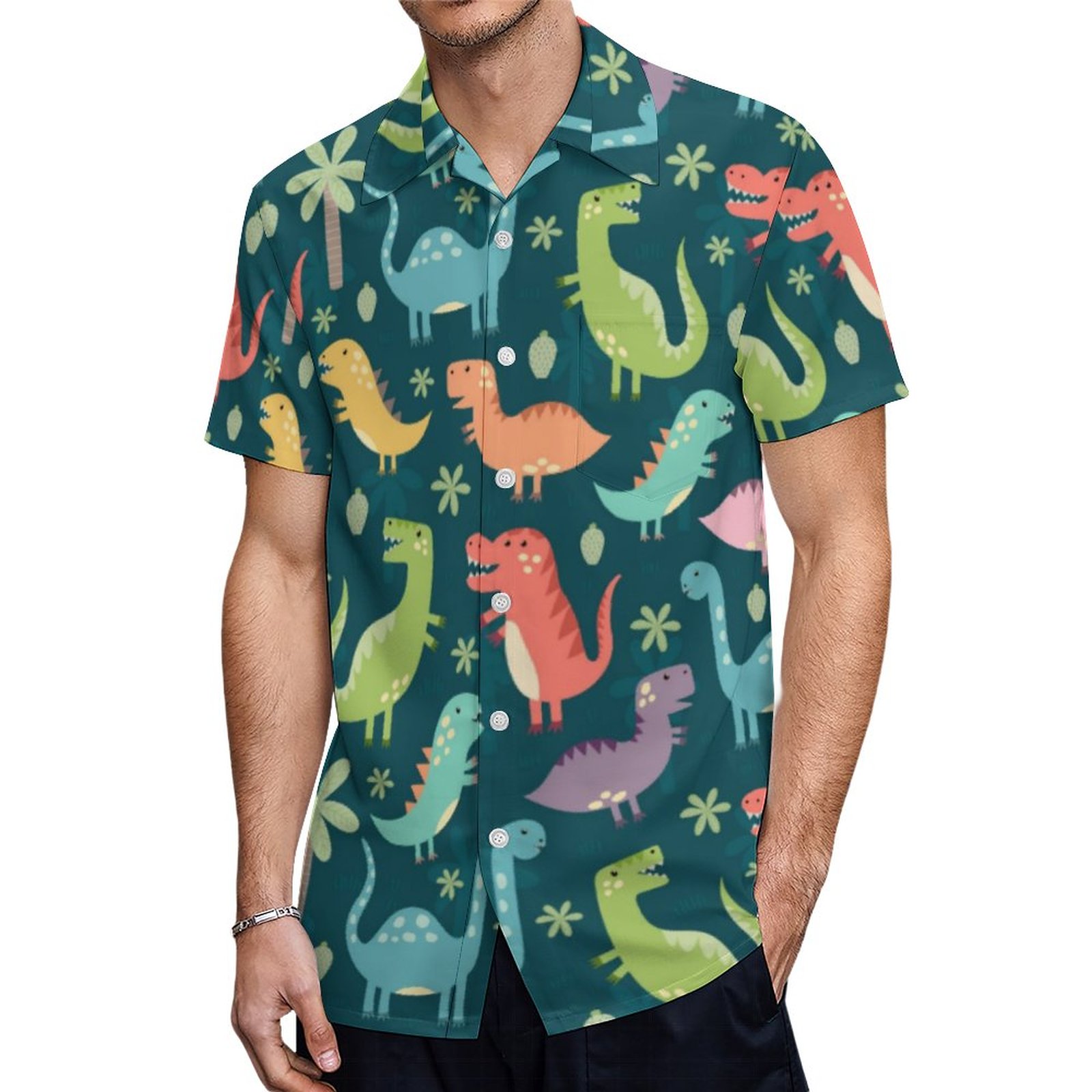 Cute Colorful Tyrannosaurus Rex Dinosaur Hawaiian Shirt Mens Button Down Plus Size Tropical Hawaii Beach Shirts