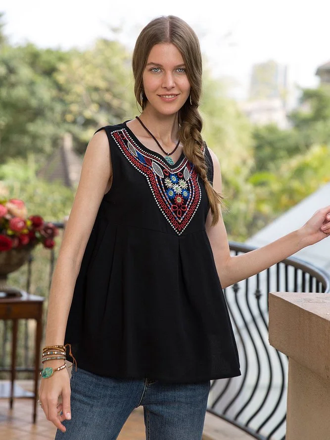 Women Ethnic V Neck Sleeveless Tank Tops