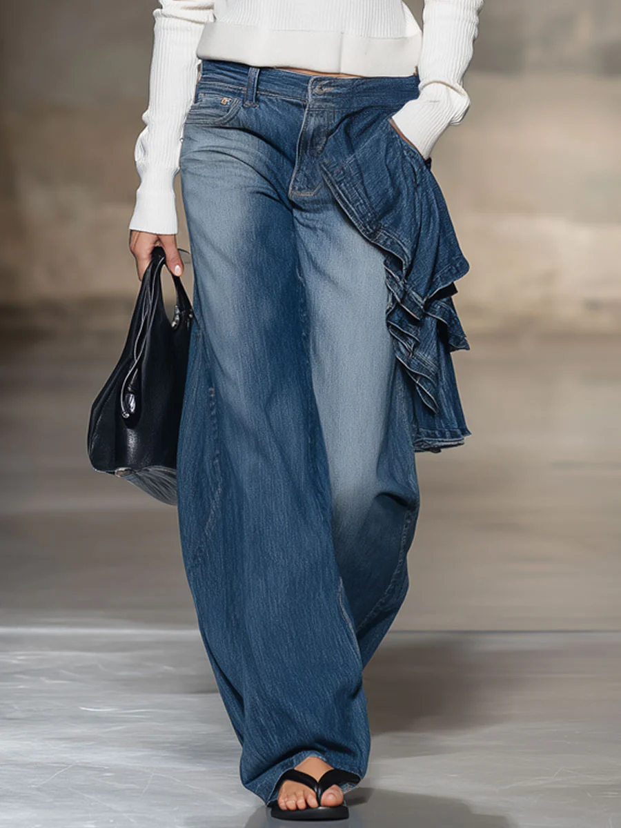 Retro Fashion Ruffled Wide-Leg Blue Jeans