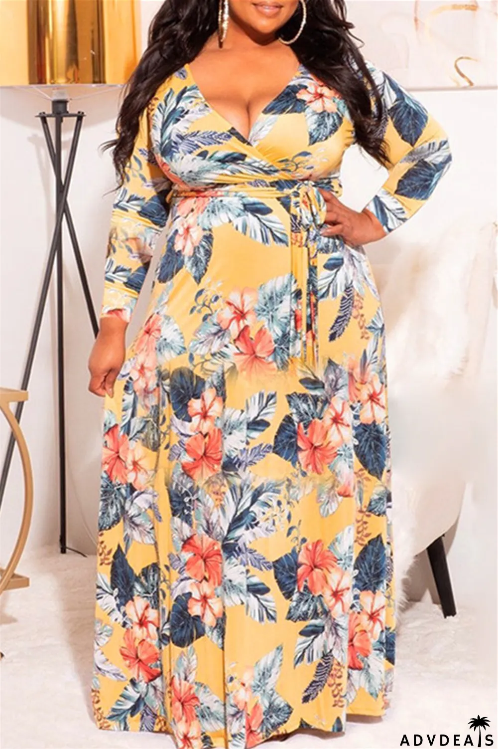 Leopard Print Fashion Casual Plus Size Print With Belt V Neck Long Sleeve Dresses