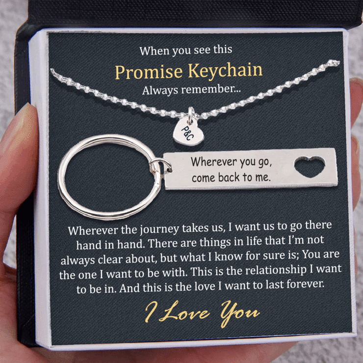 Heart Necklace and Keychain Gift Set "Wherever You Go, Come Back to Me"
