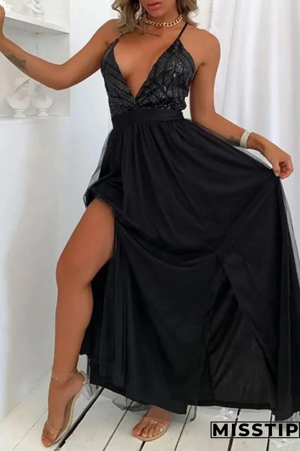 Burgundy Sexy Patchwork Sequins Backless Spaghetti Strap Long Dress