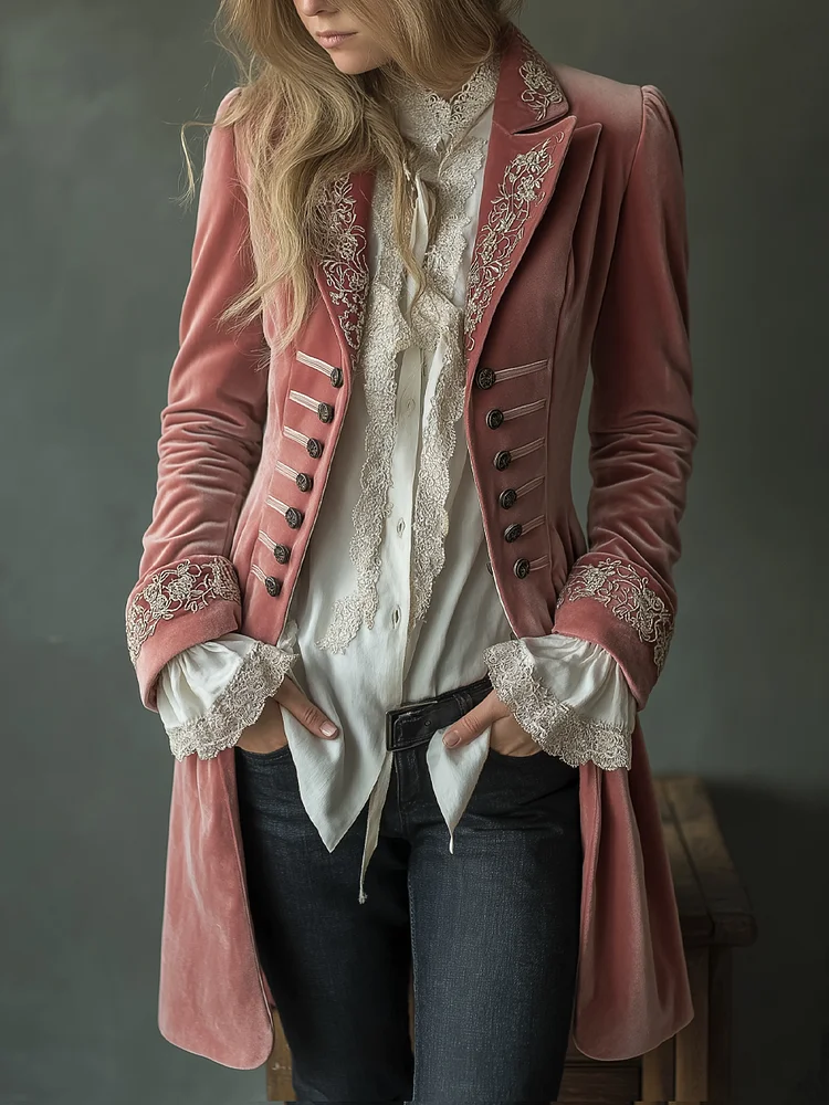 Retro Floral Embroidery Poly Velvet Coat