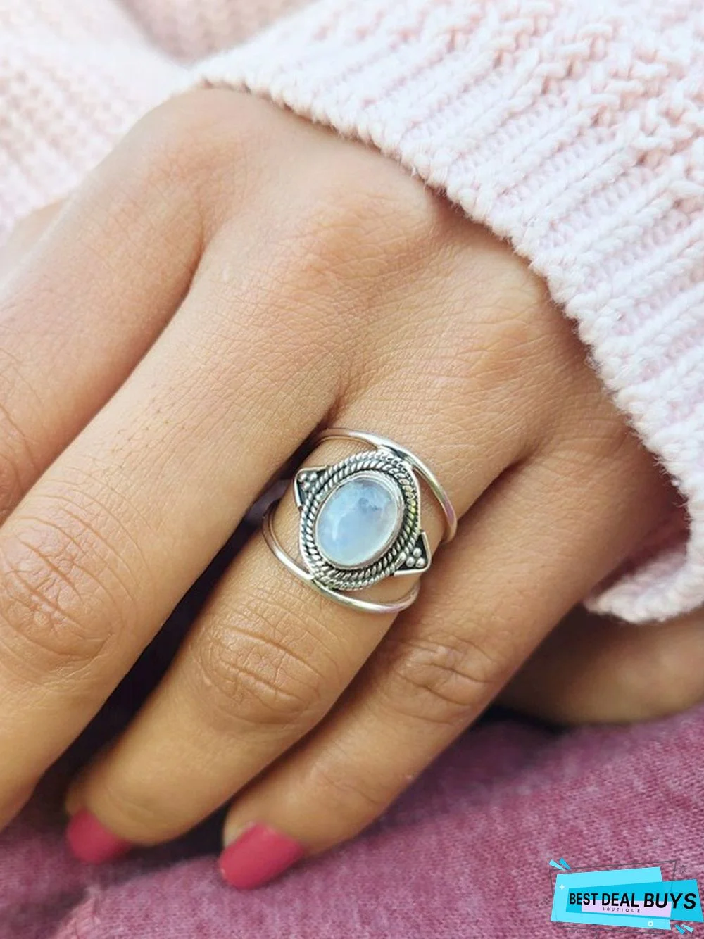 Vintage Ethnic Inlaid Moonstone Ring