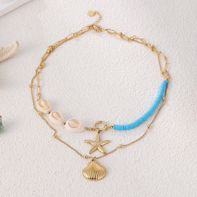 Beach Scallop Starfish Shell 304 Stainless Steel Double Layer Necklaces