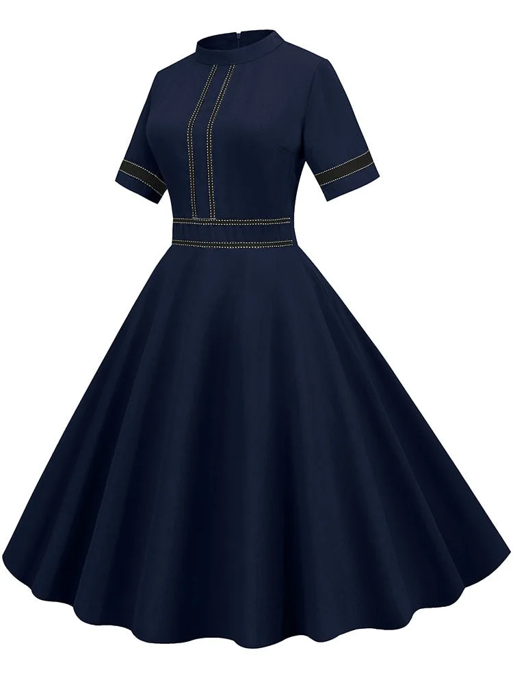 Solid Women Summer Dress Elegant Short Sleeve Stand Collar Vintage A-line Midi Long Office Party Sundress Robe