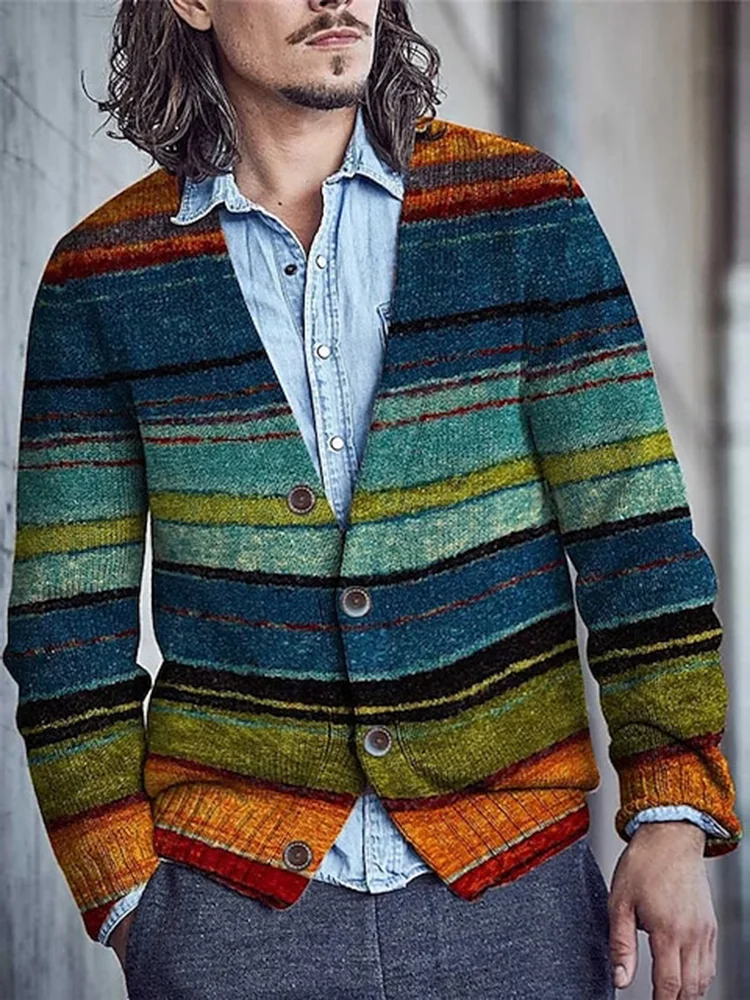 Color Block Stripe Colorful Retro Casual Long Sleeved Knitted Cardigan