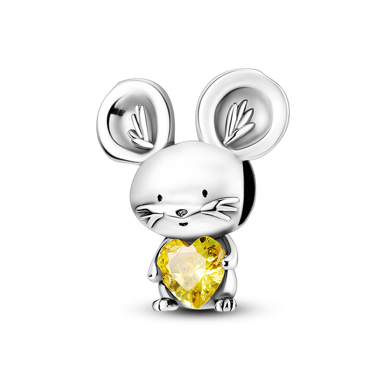Genuine 925 Sterling Silver Yellow pickaxe big eared mouse Pendant Clear CZ Charm fit Charm Bracelet DIY Jewelry KTC502
