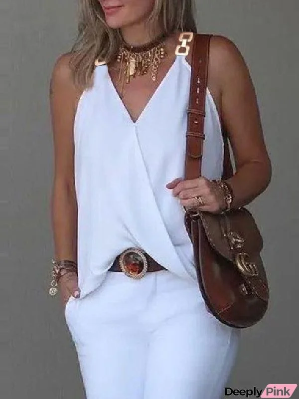 Sleeveless Solid Color Split-Joint V-Neck Vest Top