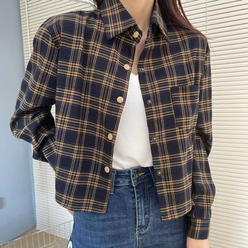 Uveng Uveng Plaid Shirt Coat Women Loose Long Sleeve Folding Design Sense Retro Casual Checker Shirt Blouse Tide
