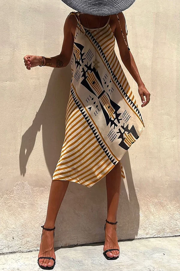 Ruisa Geometric Print Shoulder Straps Asymmetrical Hem Midi Dress