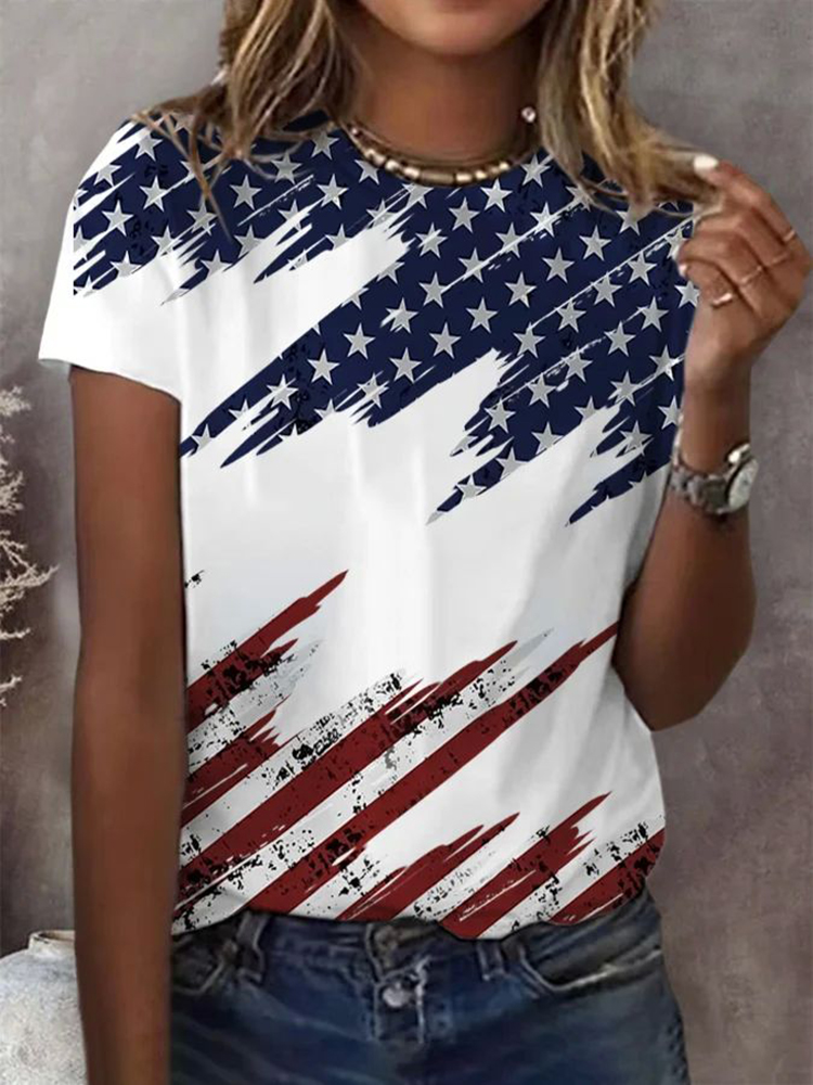 Comstylish Women's Vintage Flag Print Crew Neck T-Shirt