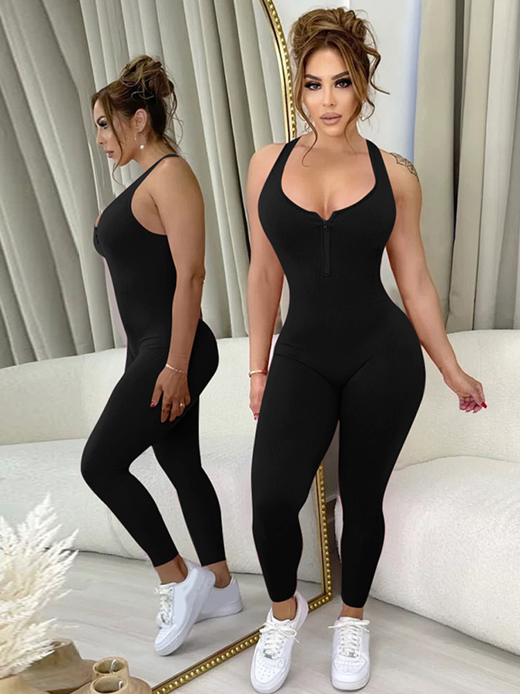 Hugcitar 2024 Solid Straps Sleeveless Zipper Sexy Bodycon One Piece Jumpsuit Summer Women Romper Streetwear Sport Gym