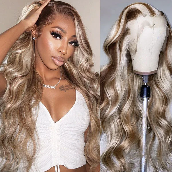 Highlight Color #12/613 Long Body Wave Wig Mixed Brown and Blonde Color Ombre Lace Front Wigs 613 Blonde Human Hair Wig