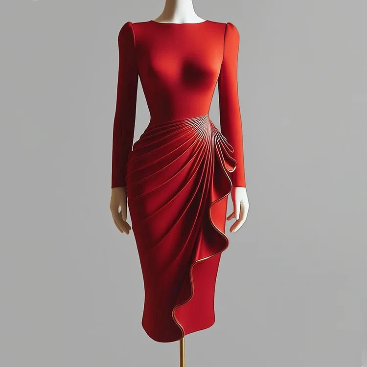 Ursime Elegant Long Sleeve Draped Ruffles Bodycon Midi Dress