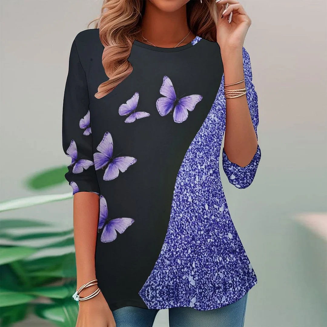 Vintage Printed Long Sleeve Plus Size Tunic for  Women and Men Unisex Pattern Purple,Butterfly,Glitter
