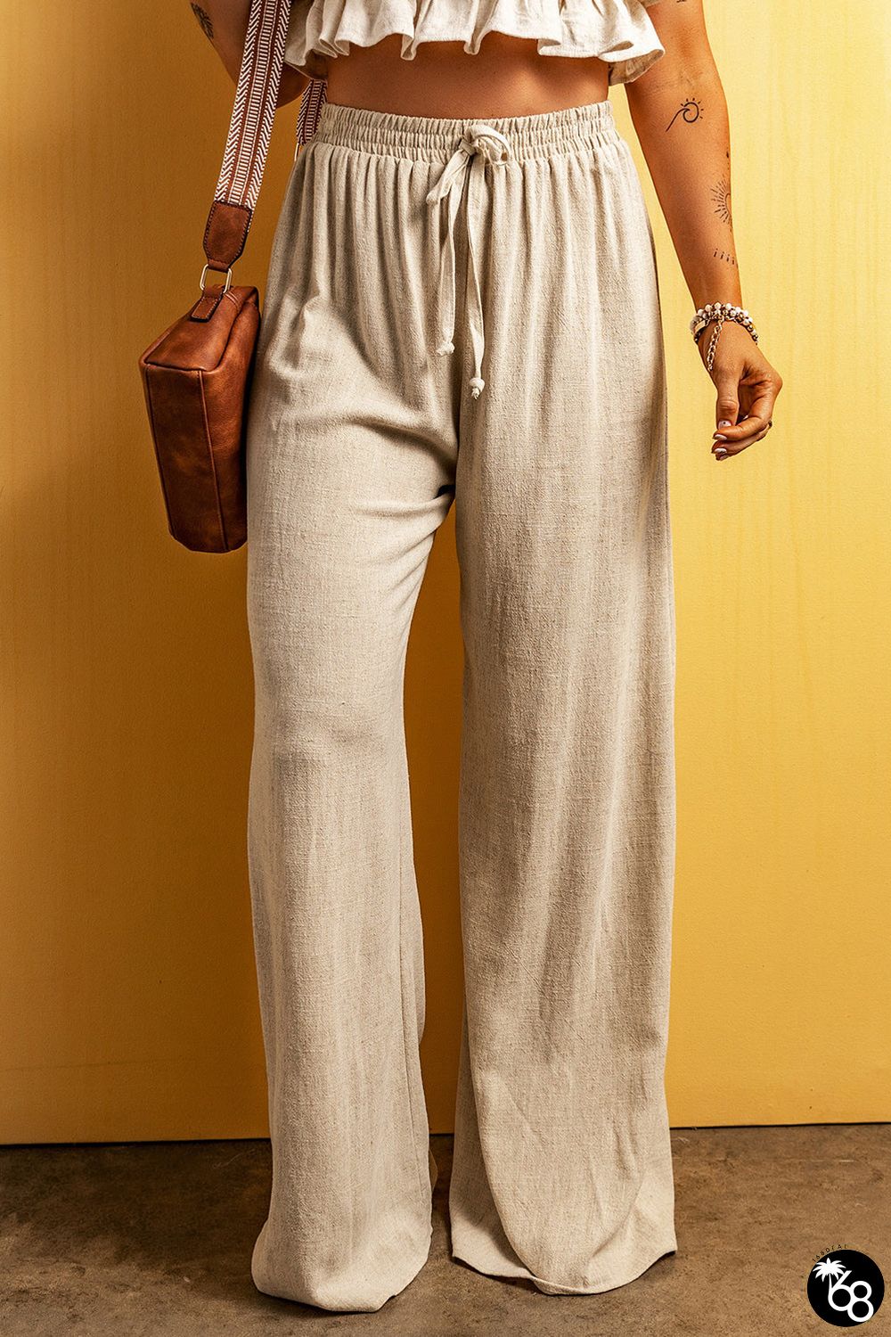 Apricot Lace-up Waist Floor Length Wide Leg Casual Pants | 168DEAL