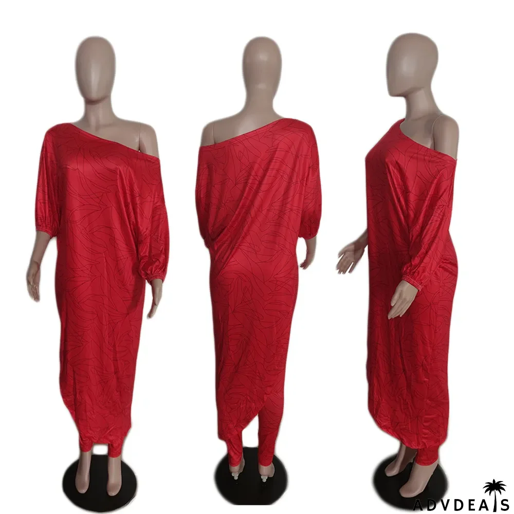 Women's Fashion Casual Loose Plus Size Slash Shoulder Pant Two Piece