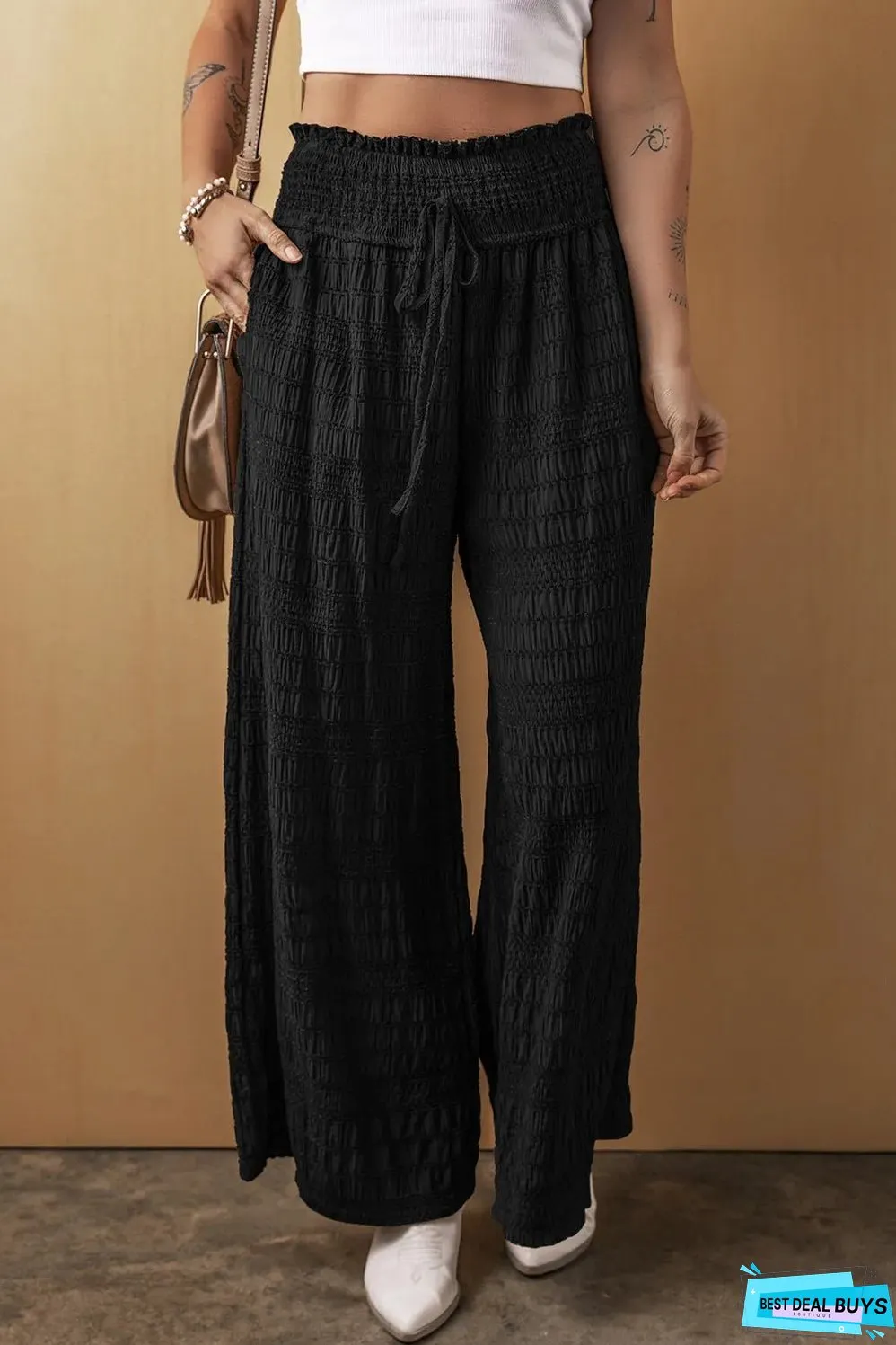 Black Textured Wide Smocked Waist Loose Pants