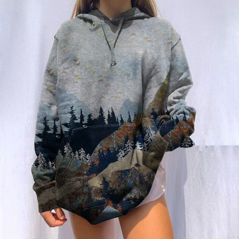 ladies mountain treetop print hooded sweatshirt