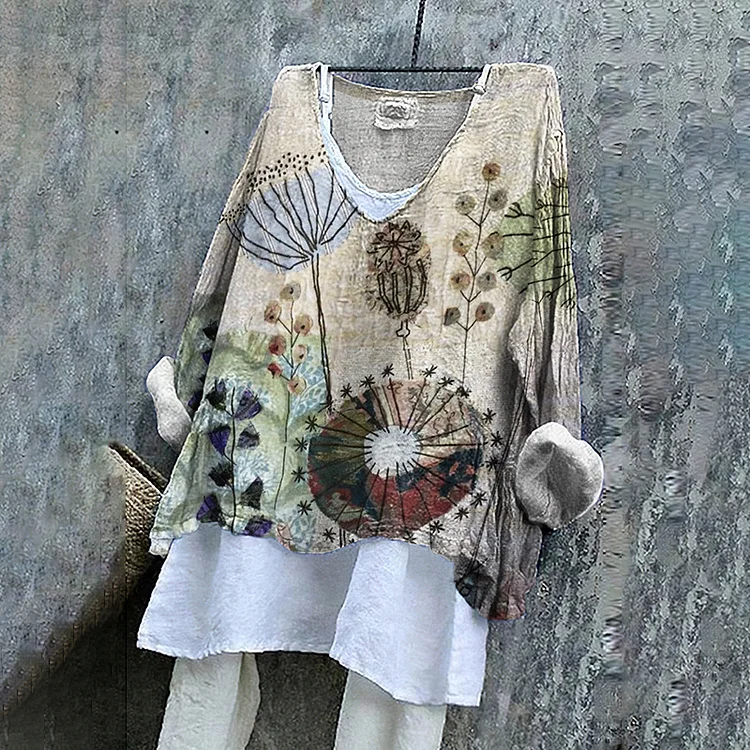 Retro Floral Embroidered Art Linen Blend Tunic