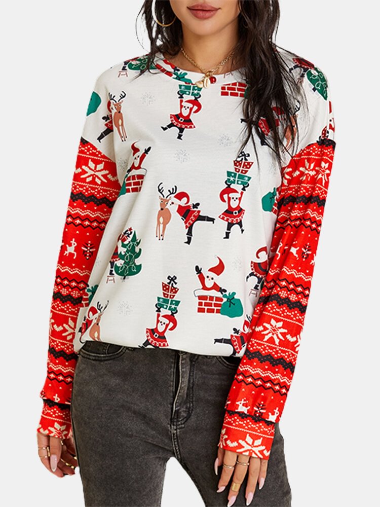 Patchwork Christmas Santa Print Long Sleeve Casual T Shirt For Women P1758075