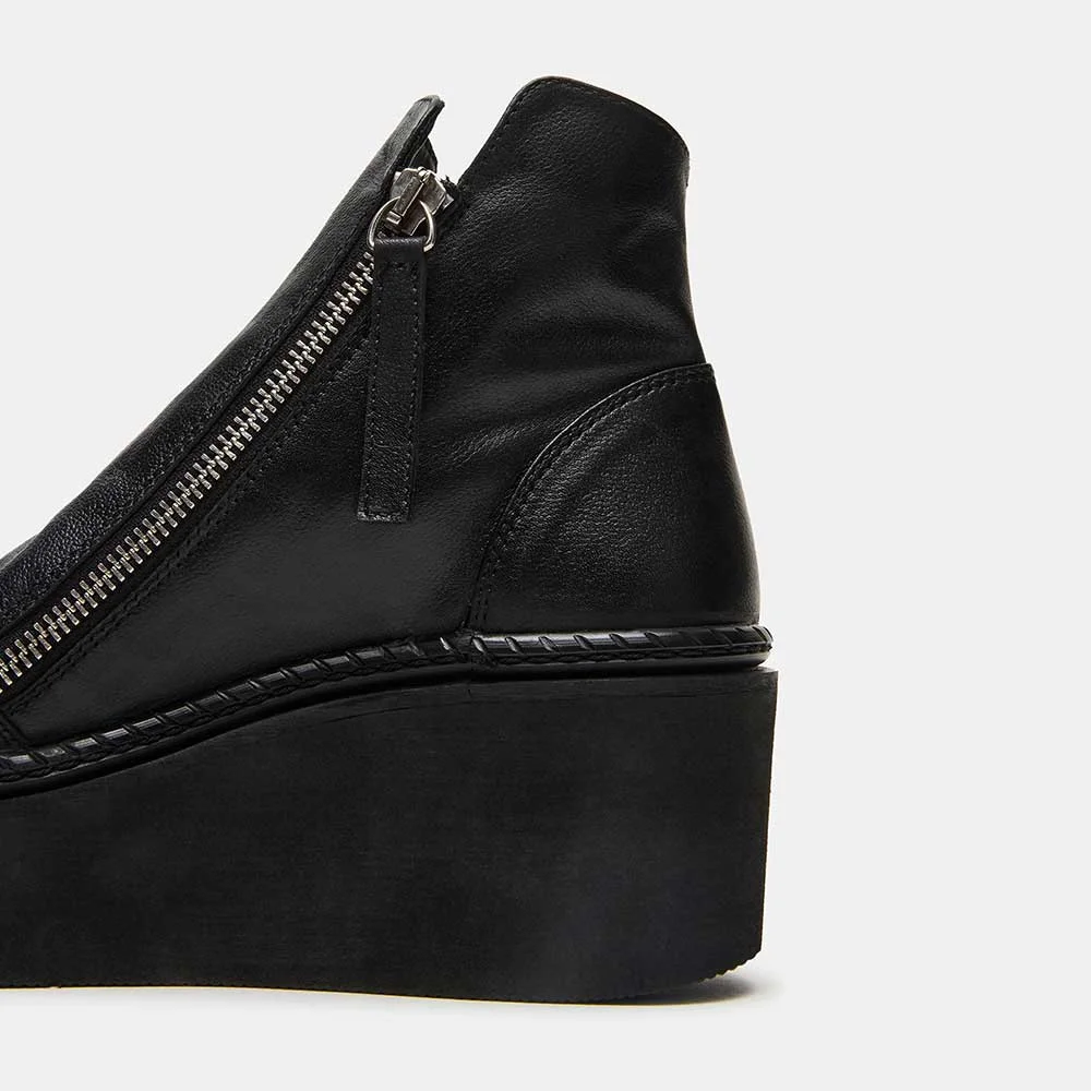 Black Round Toe Wedge Heel Platform Short Booties with Zipper