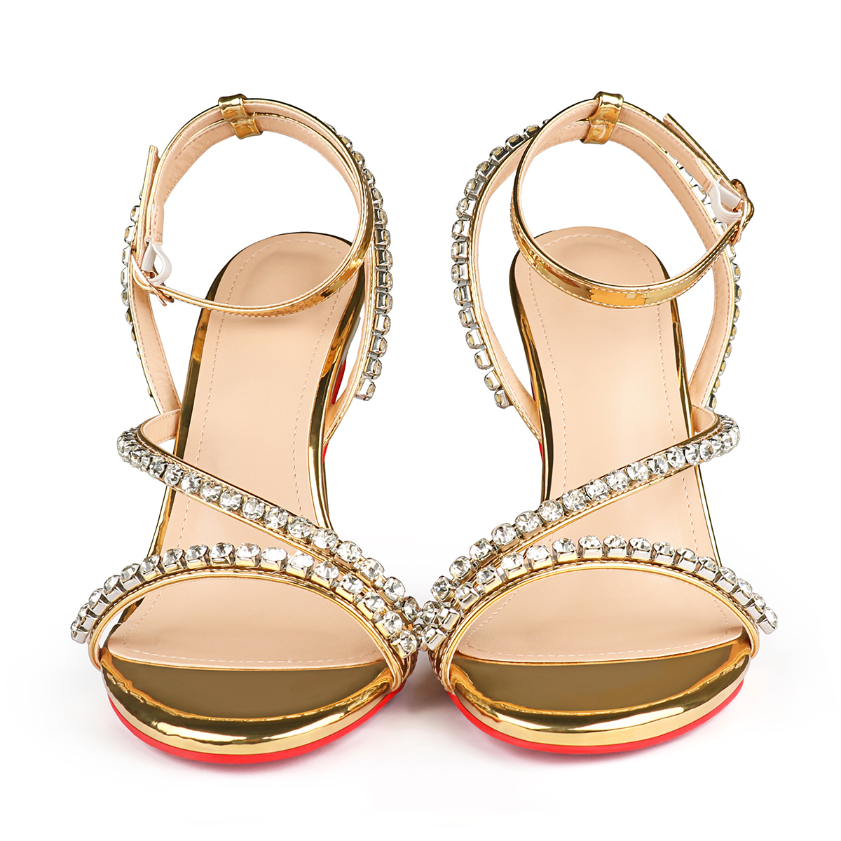 100mm Women's Sandals Round Open Toe Red Bottom Rhinestones Spotlight Wavy Straps Ankle Straps Sandals -MERUMOTE