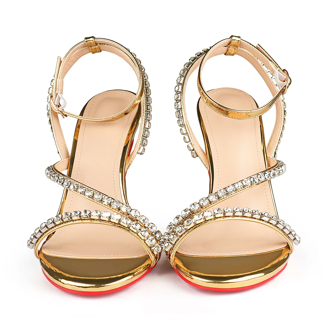 100mm Women's Sandals Round Open Toe Red Bottom Rhinestones Spotlight Wavy Straps Ankle Straps Sandals -MERUMOTE