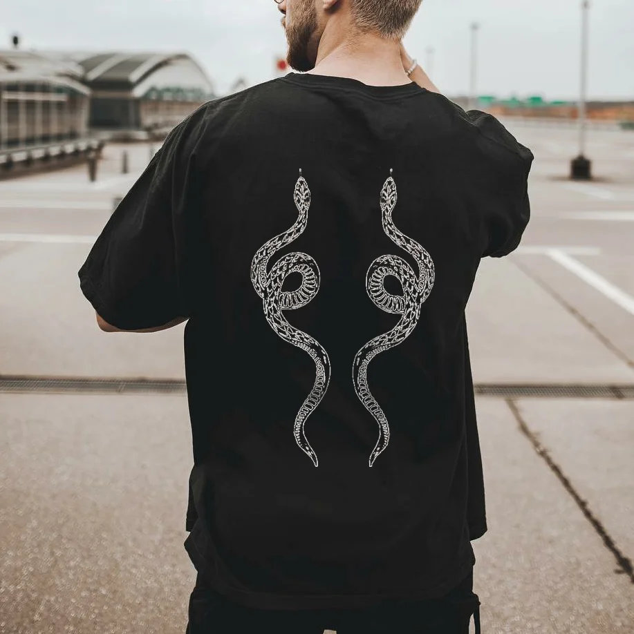 Double snake print casual loose T-shirt designer - Krazyskull