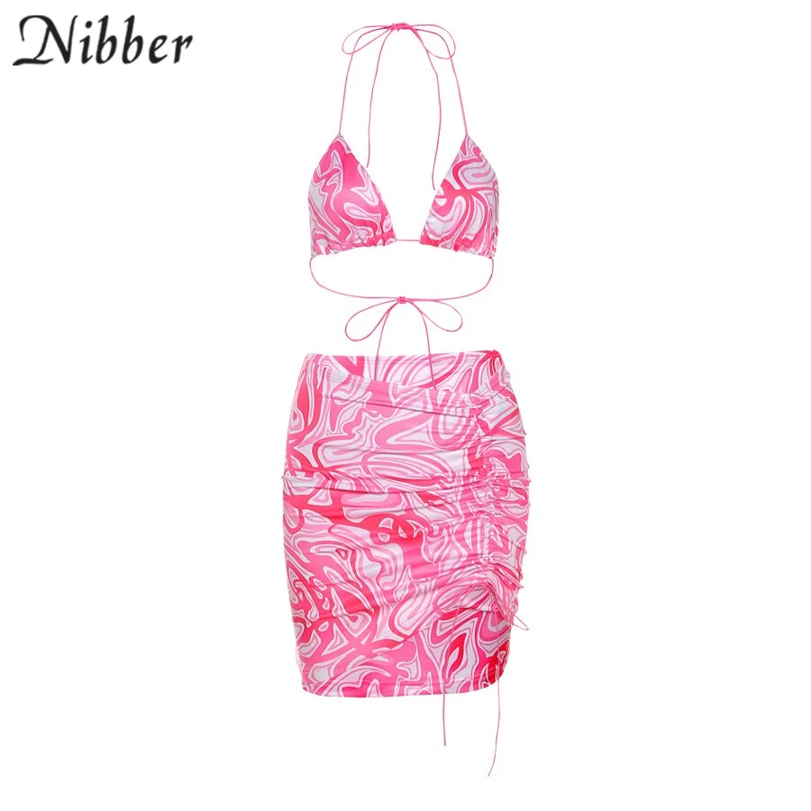 Nibber Summer Sexy Bikini Print Ladies Two-piece Skirt 2021 New Low-cut Drawstring Skirt Suit  Gorgeous Beach Vacation Party