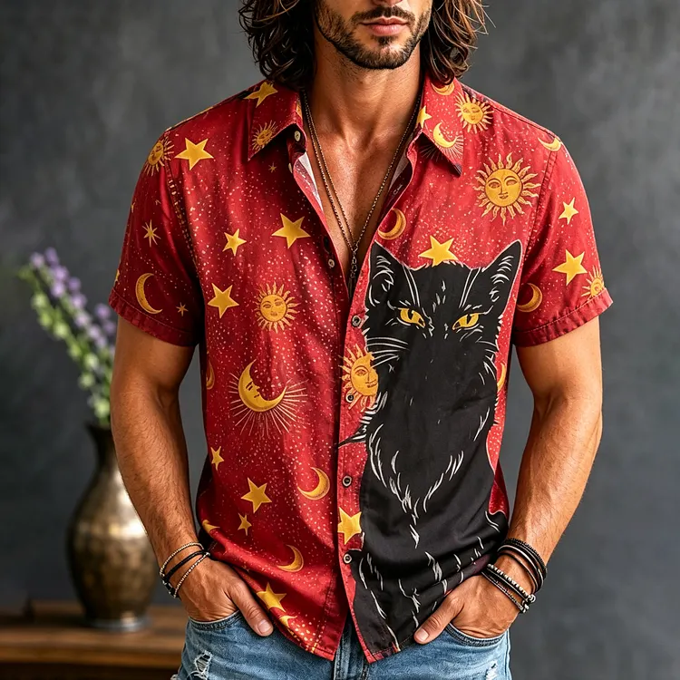 Men's Hippie Star Sun Moon Black Cat Print Short Sleeve Shirt