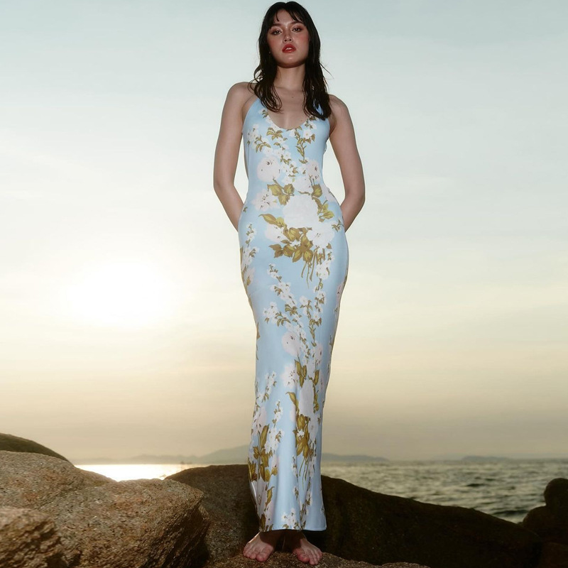 Ootddress Printed Backless Fashion Dress For Women Bandage Summer 2025 Slim Elegant Ladies Party Dress Gown Lace-Up Sexy Maxi Dress