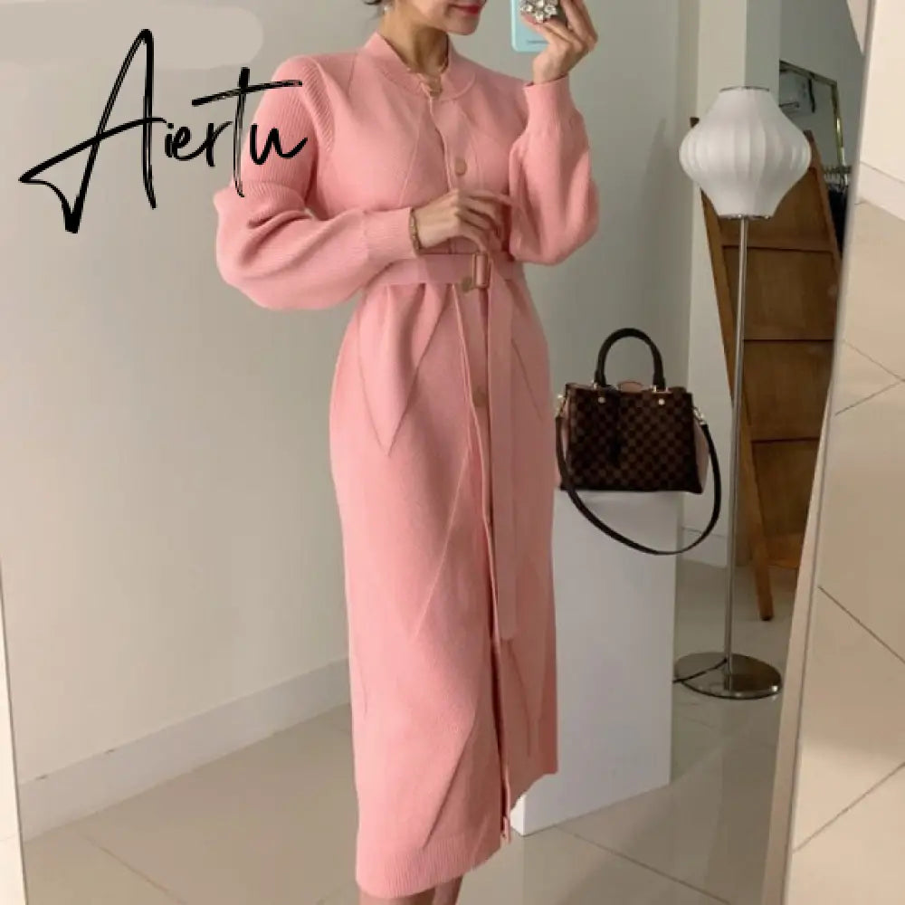 Elegant O-neck Single-breasted Women Solid Sweater Dress OL Style Long Sleeve Belted Knitted Mid-length Dress Female Aiertu