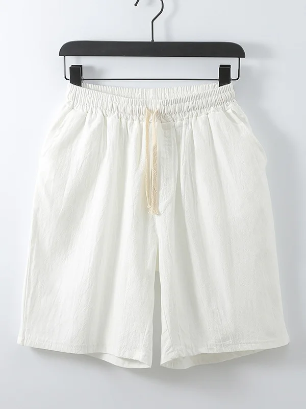 Men's Drawstring Elastic Waist Pockets Solid Color Cotton Linen Shorts