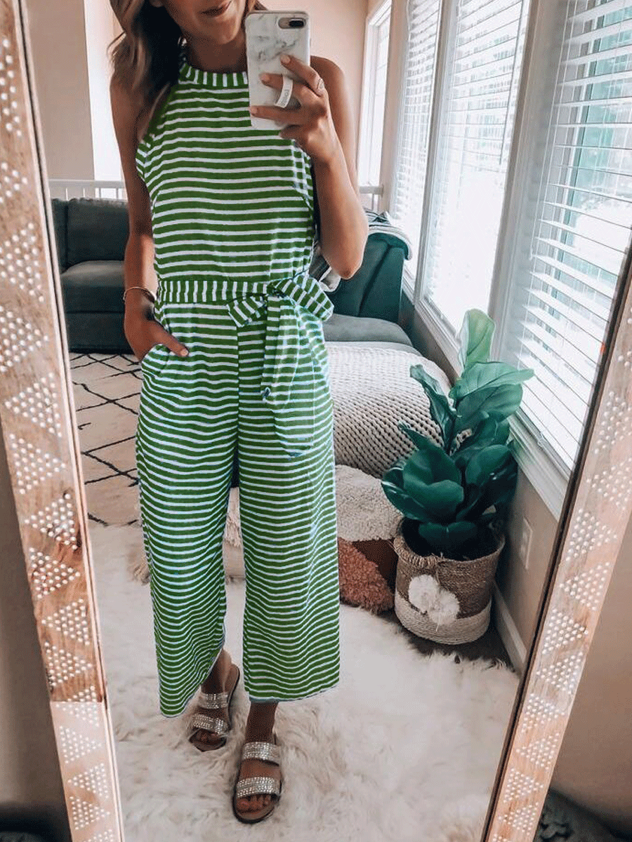 Round Neck Stripe Sexy Jumpsuit