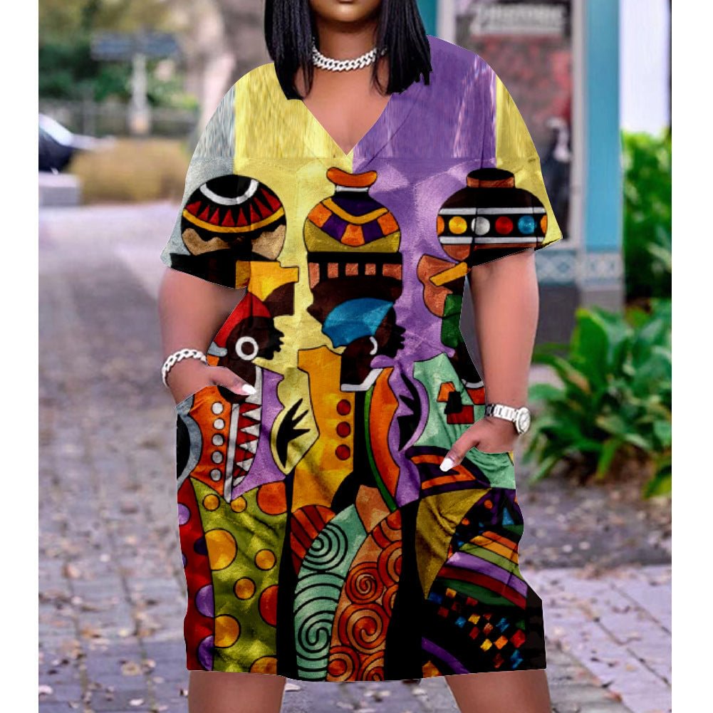 African Tribe Print Plus Size V Neck Mid Sleeve Dress